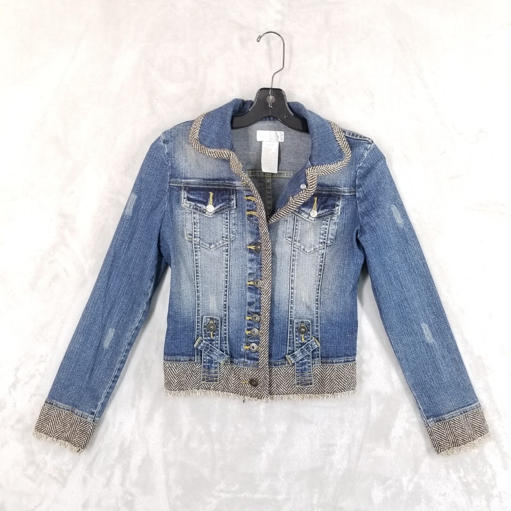 Vtg Baby Phat Jacket Women S Denim Tweed Trim‎ Rhinestone Bling Distressed Y2K